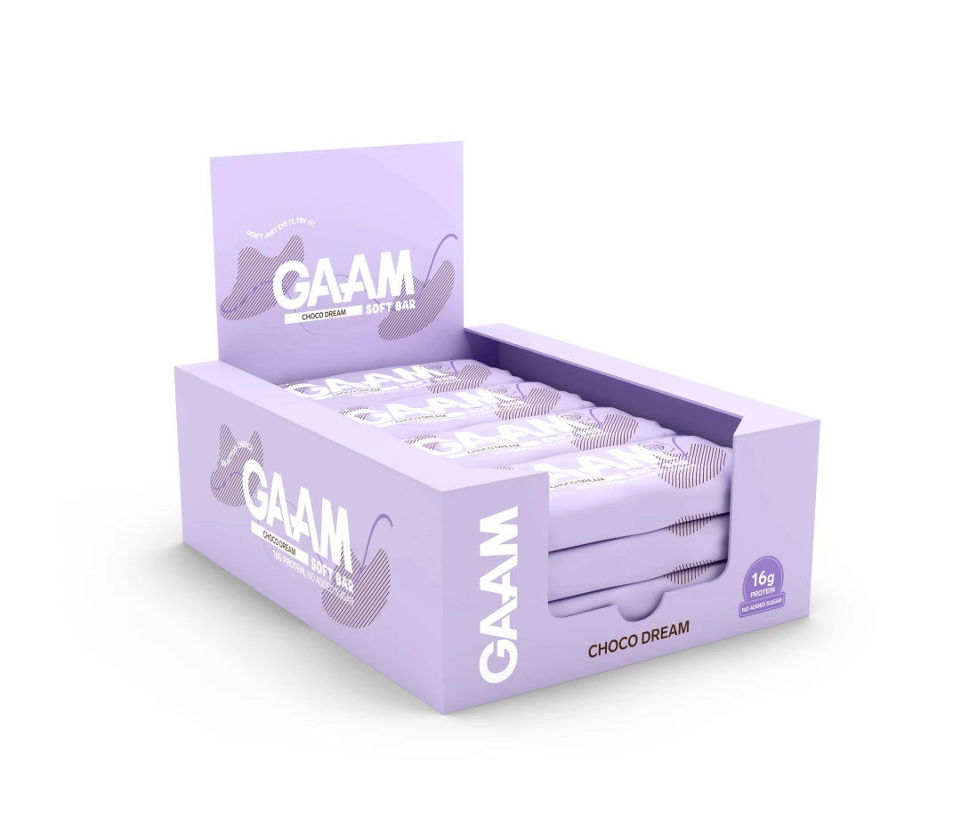 12 x GAAM Soft Bar 45 g Choco Dream vaaleanlilassa laatikossa, joka on täynnä yhteensopivia liloja patukoita.