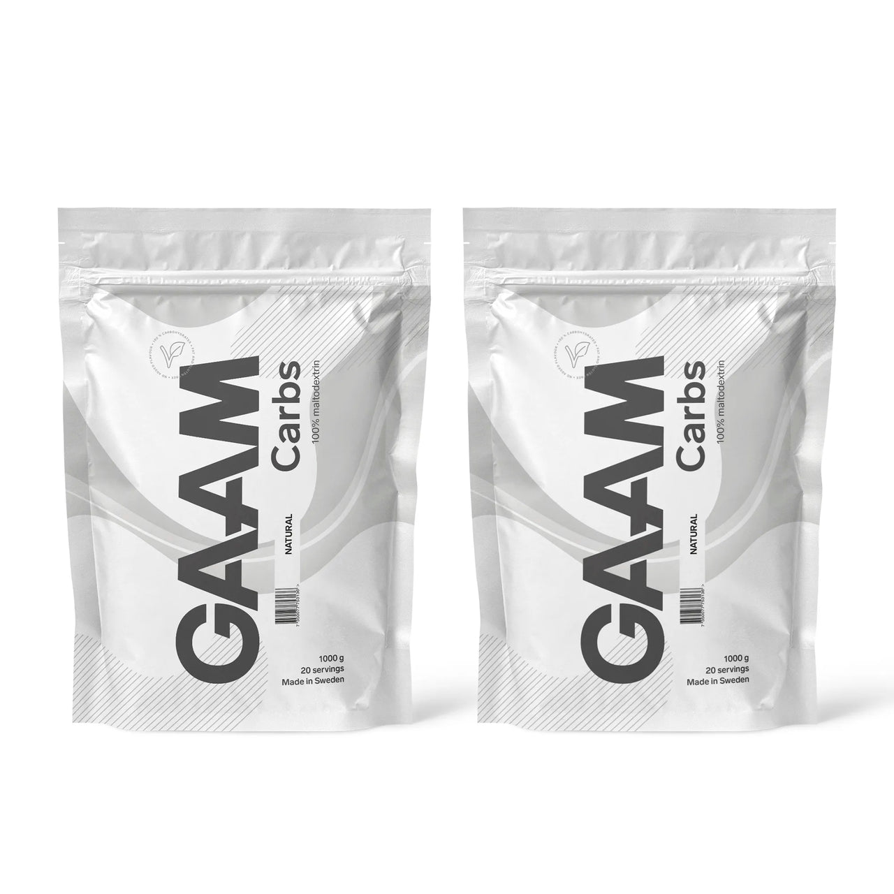 2 x GAAM Carbs - 100% Maltodextrin 1 kg kahdessa valkoisessa pussissa harmailla yksityiskohdilla, makuna Naturell.