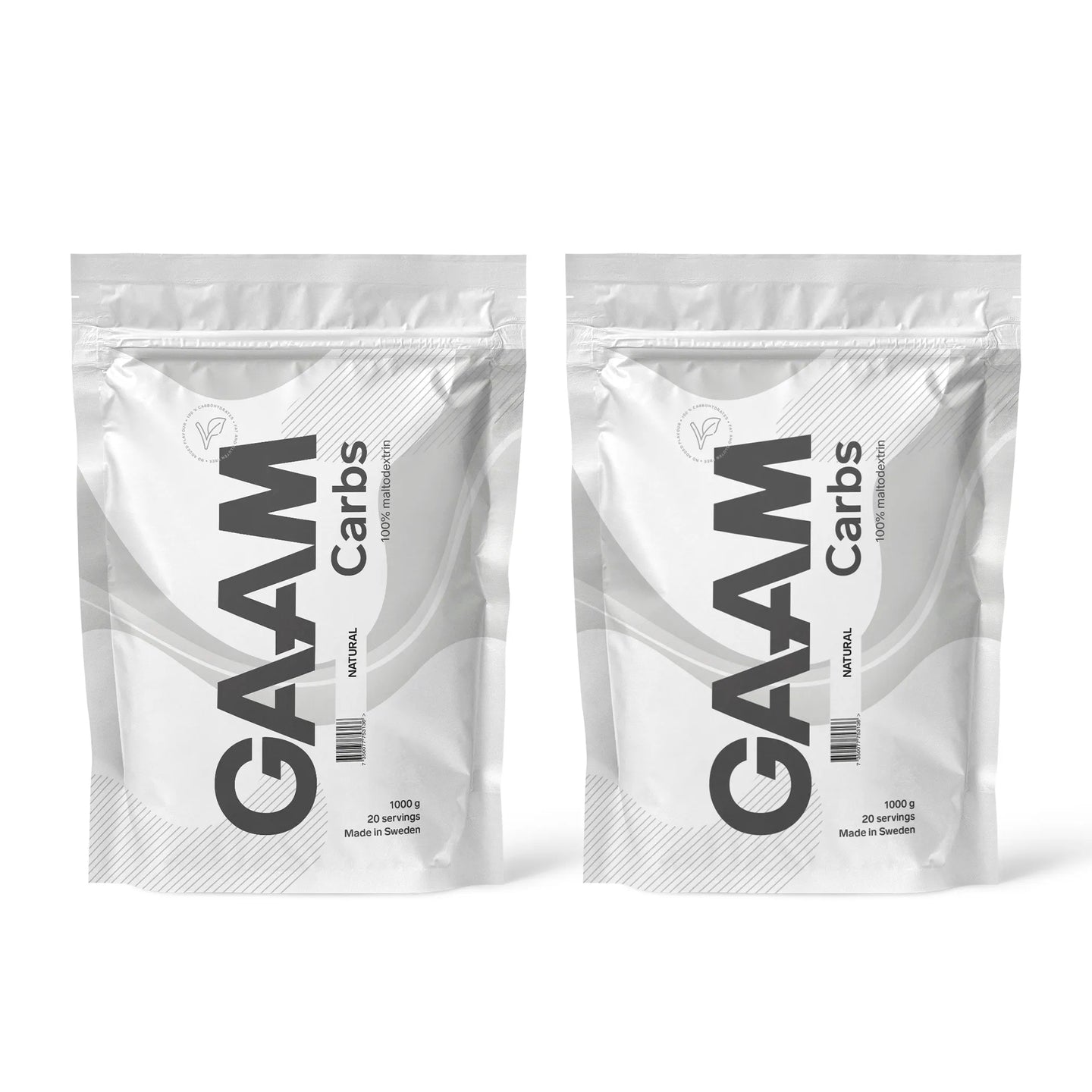 2 x GAAM Carbs - 100% Maltodextrin 1 kg kahdessa valkoisessa pussissa harmailla yksityiskohdilla, makuna Naturell.