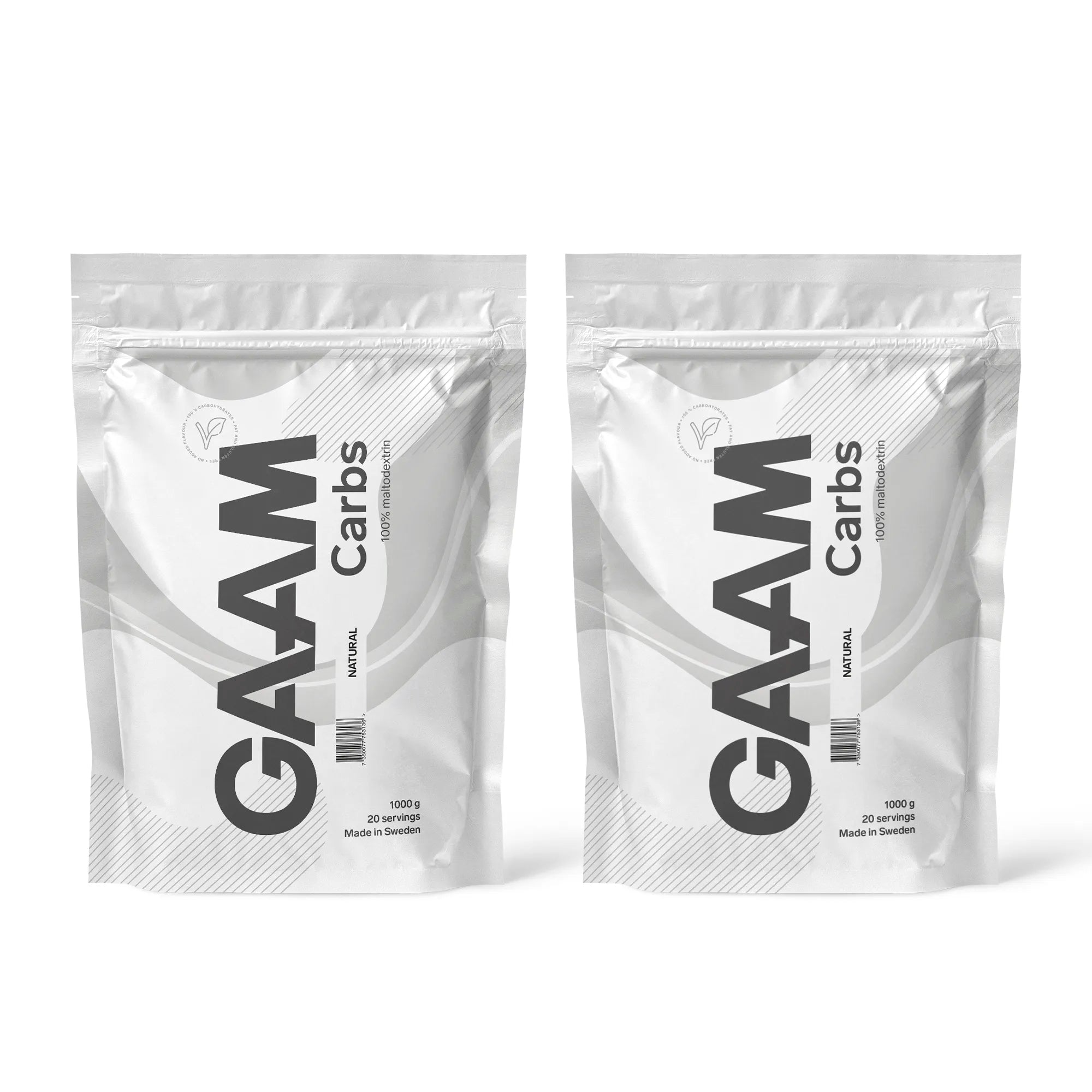 2 x GAAM Carbs - 100% Maltodextrin 1 kg kahdessa valkoisessa pussissa harmailla yksityiskohdilla, makuna Naturell.