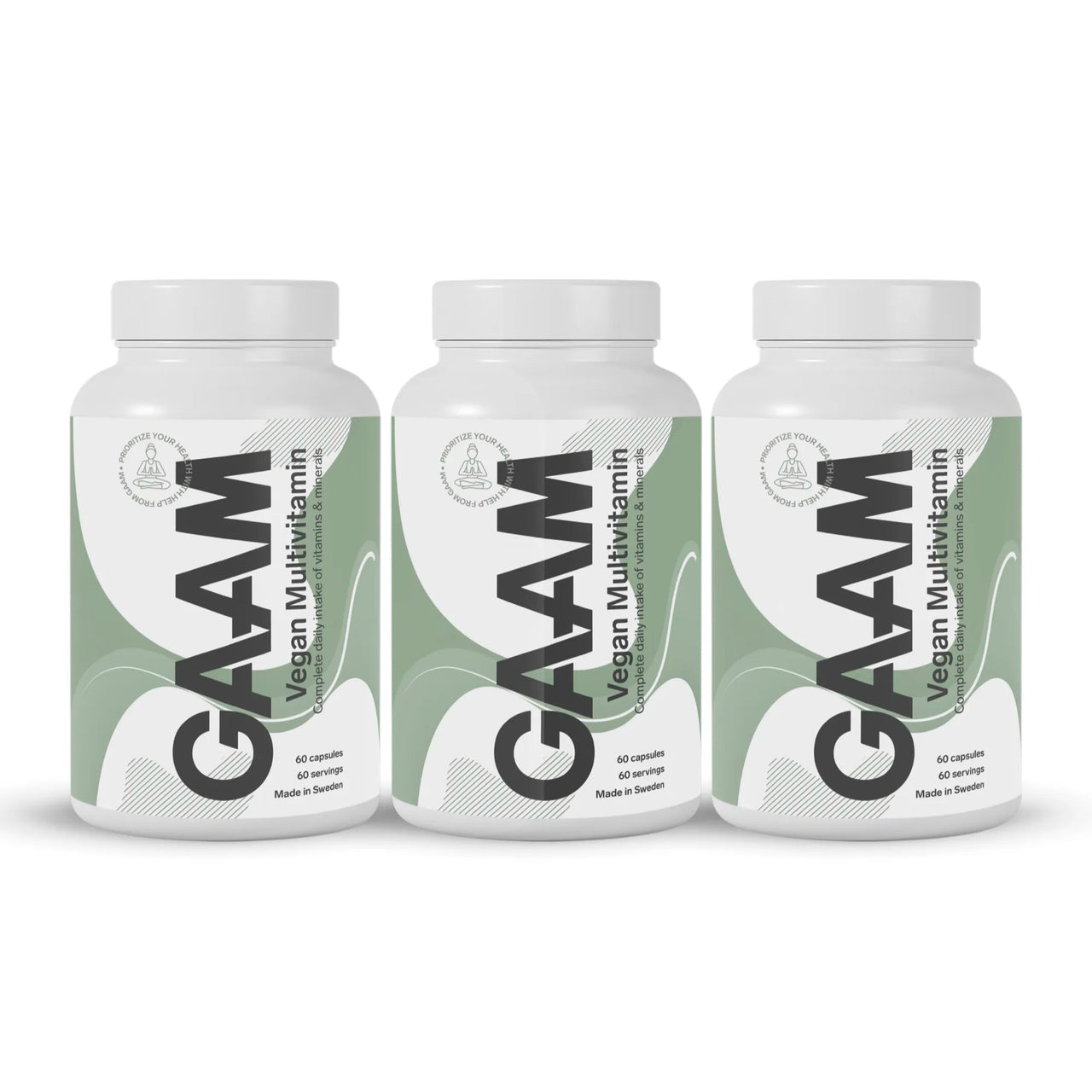 3 x GAAM Vegan Multivitamin 60 caps kolmessa valkoisessa purkissa, joissa on vihreä-valkoinen etiketti.