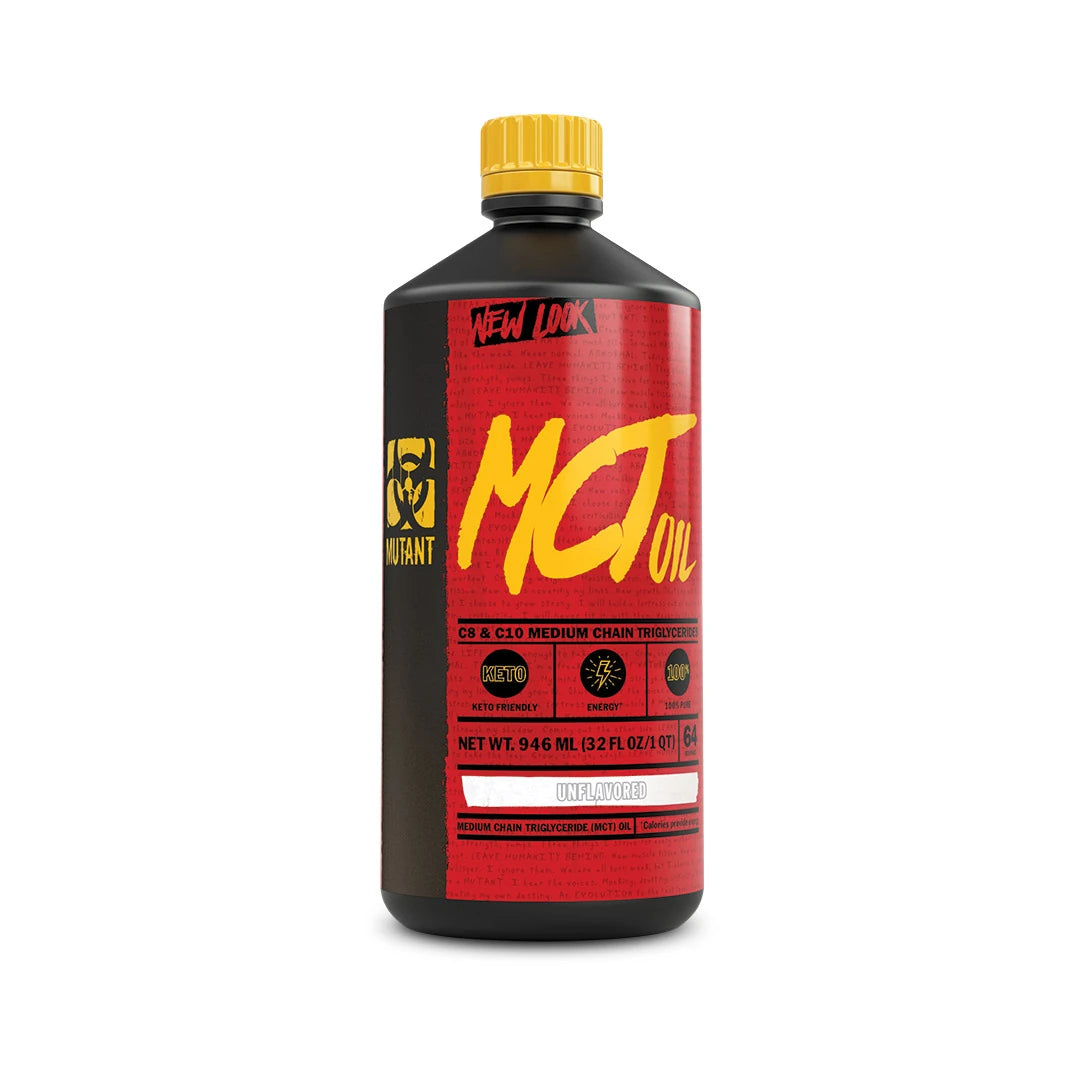 Mutant Nutrition MCT Oil 946 ml mustassa pullossa, jossa on punainen etiketti ja keltainen korkki.