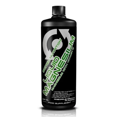 Scitec Nutrition Liquid Magnesium 1000 ml nestemäinen magnesium mustassa pullossa, jossa on vihreää ja valkoista tekstiä.