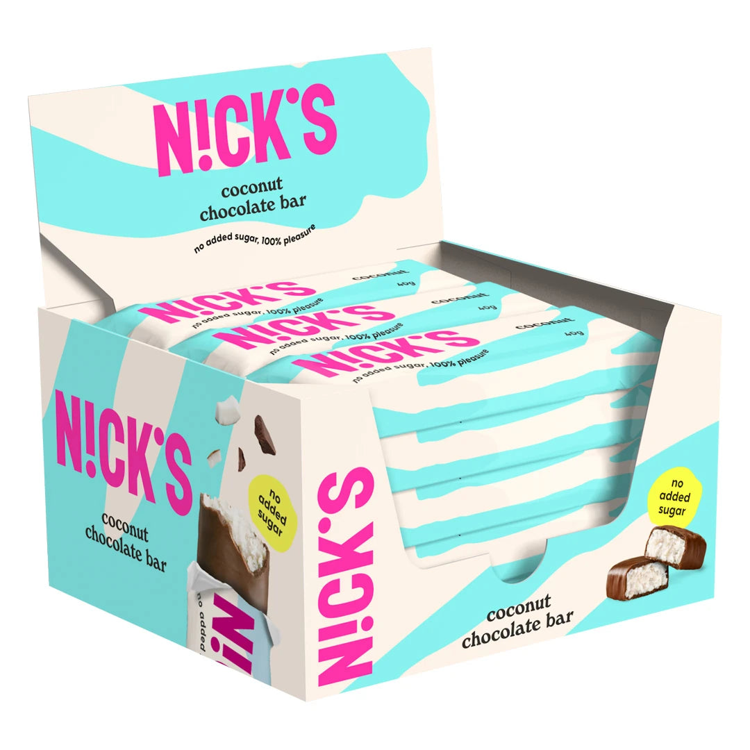 15 x Nicks Coconut 40 g vaaleansinisessä ja valkoisessa laatikossa täynnä suklaapatukoita., kuva 1/1