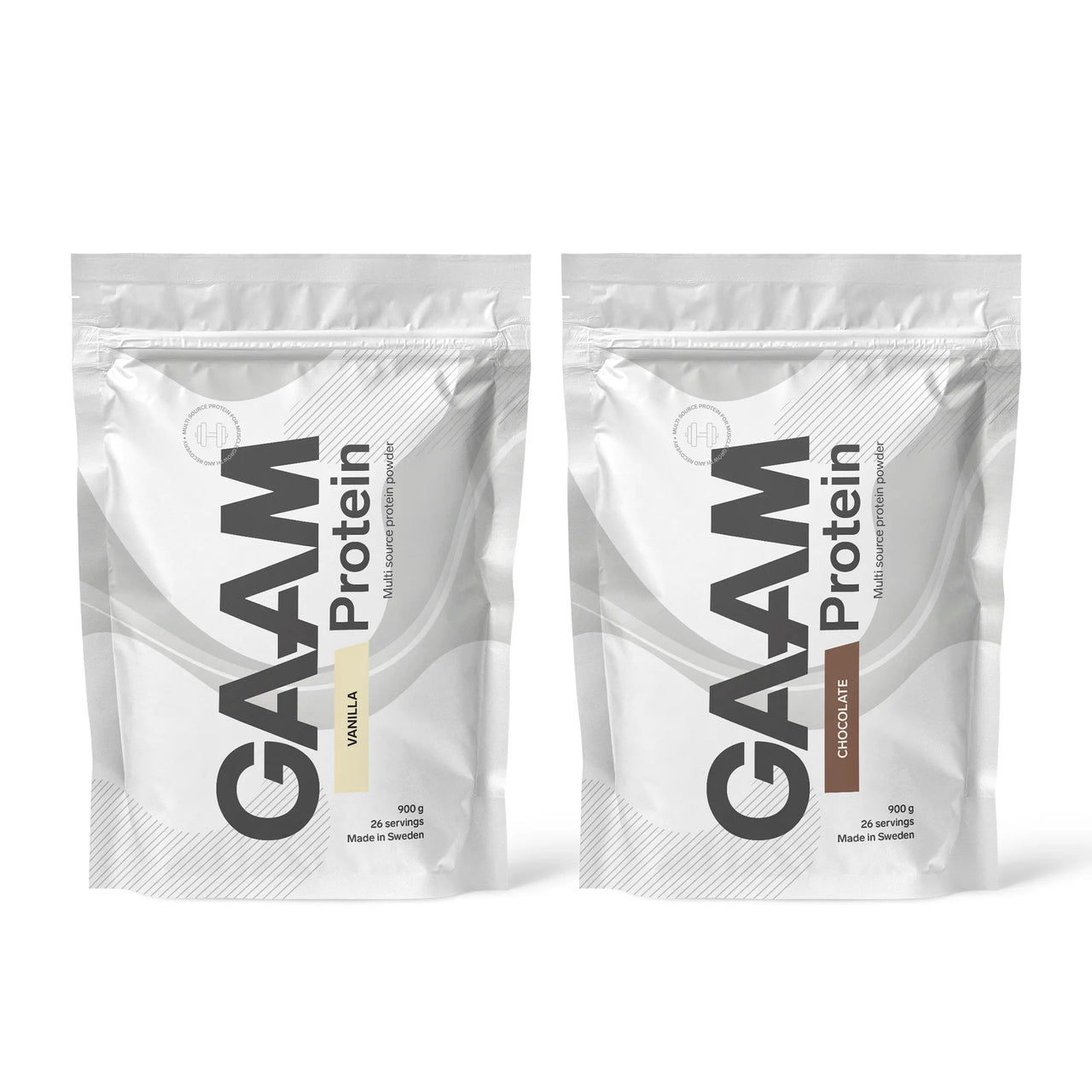 2 x GAAM Protein 900 g -proteiinijauhe kahdessa valkoisessa pussissa, makuina Vanilla ja Chocolate.