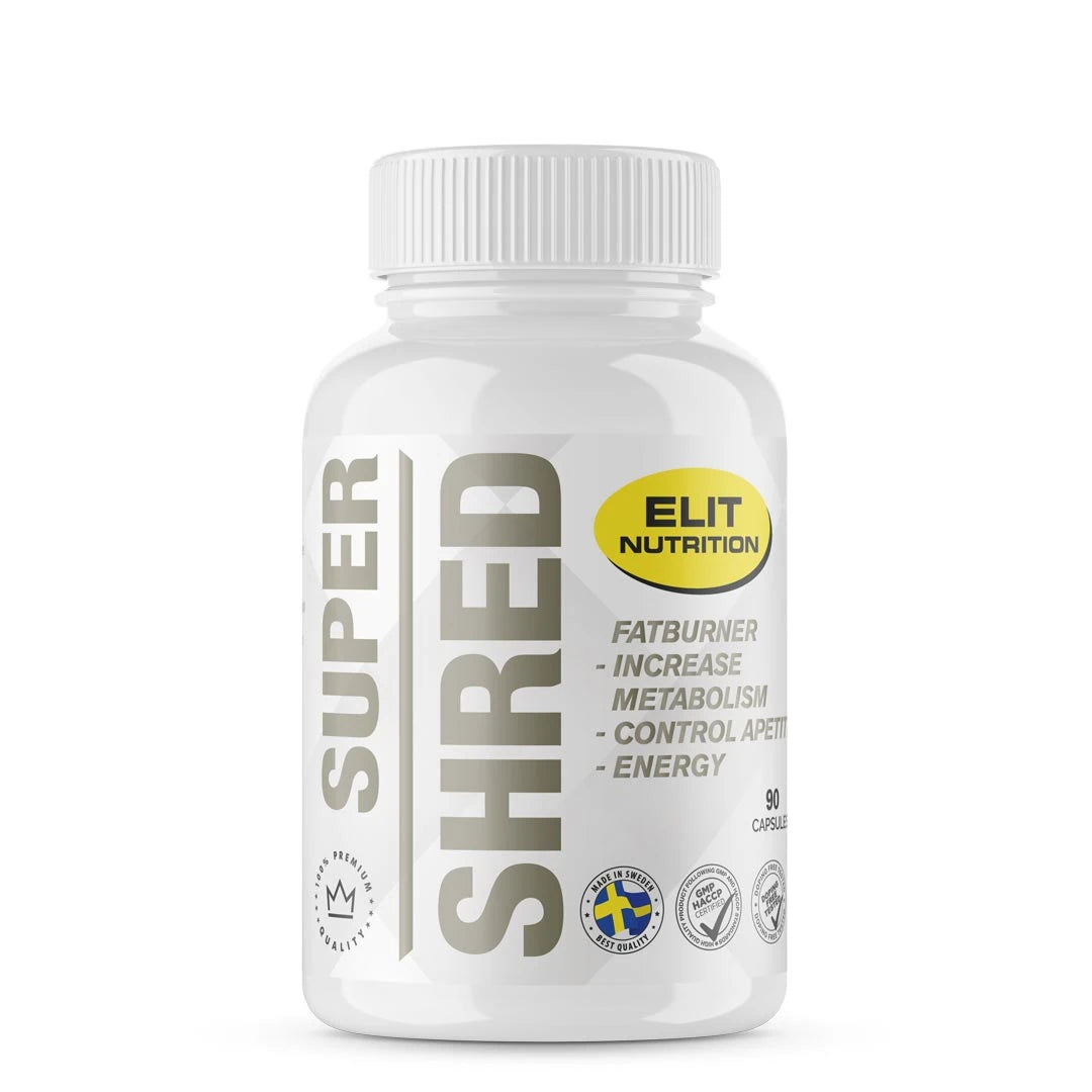 Elit Nutrition Super Shred 90 caps -rasvanpolttaja valkoisessa purkissa, jossa on keltaisia ja harmaita yksityiskohtia.