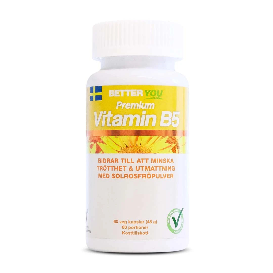 Better You Premium Vitamin B5 60 caps valkoisessa purkissa, jossa on keltainen etiketti ja auringonkukkakuvio.