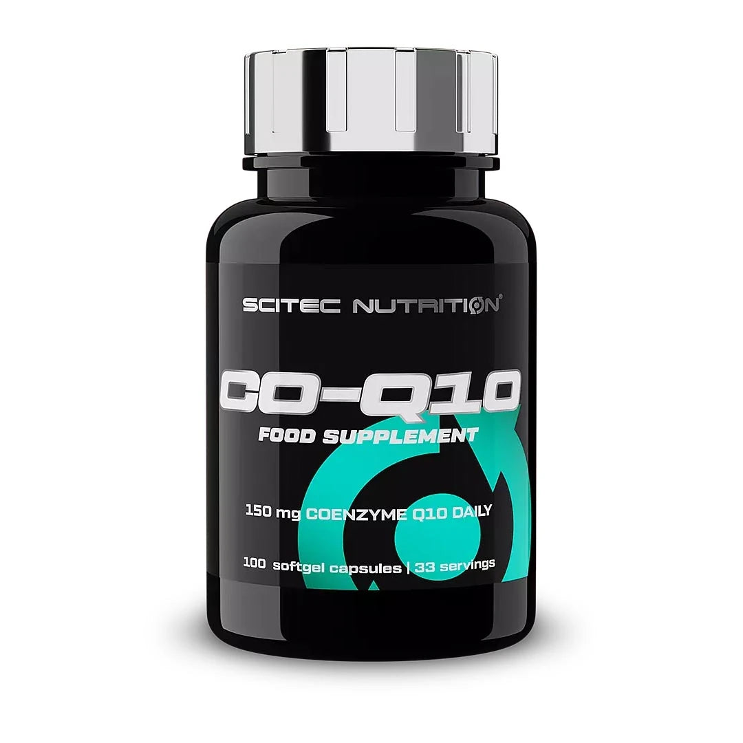 Scitec Nutrition CO-Q10 100 caps -ravintolisä mustassa purkissa, jossa on turkooseja yksityiskohtia ja hopeinen kansi.