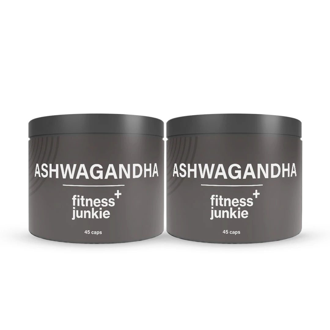 2 x fitnessjunkie Ashwagandha 45 caps -ravintolisä kahdessa tummanharmaassa purkissa valkoisella tekstillä.