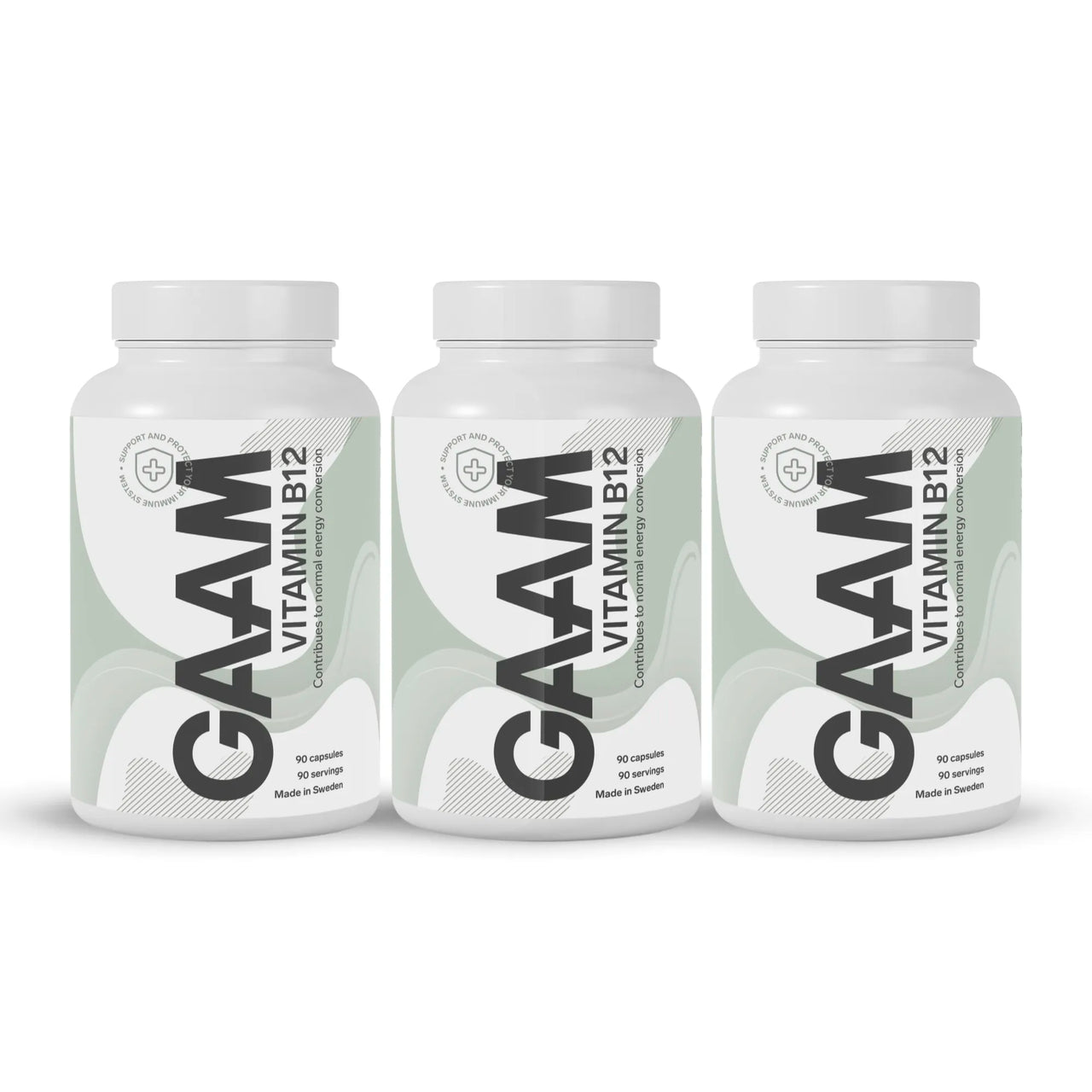 3 x GAAM Vitamin B12 90 caps kolmessa valkoisessa purkissa, joiden etiketissä on vaaleanvihreä kuvio.