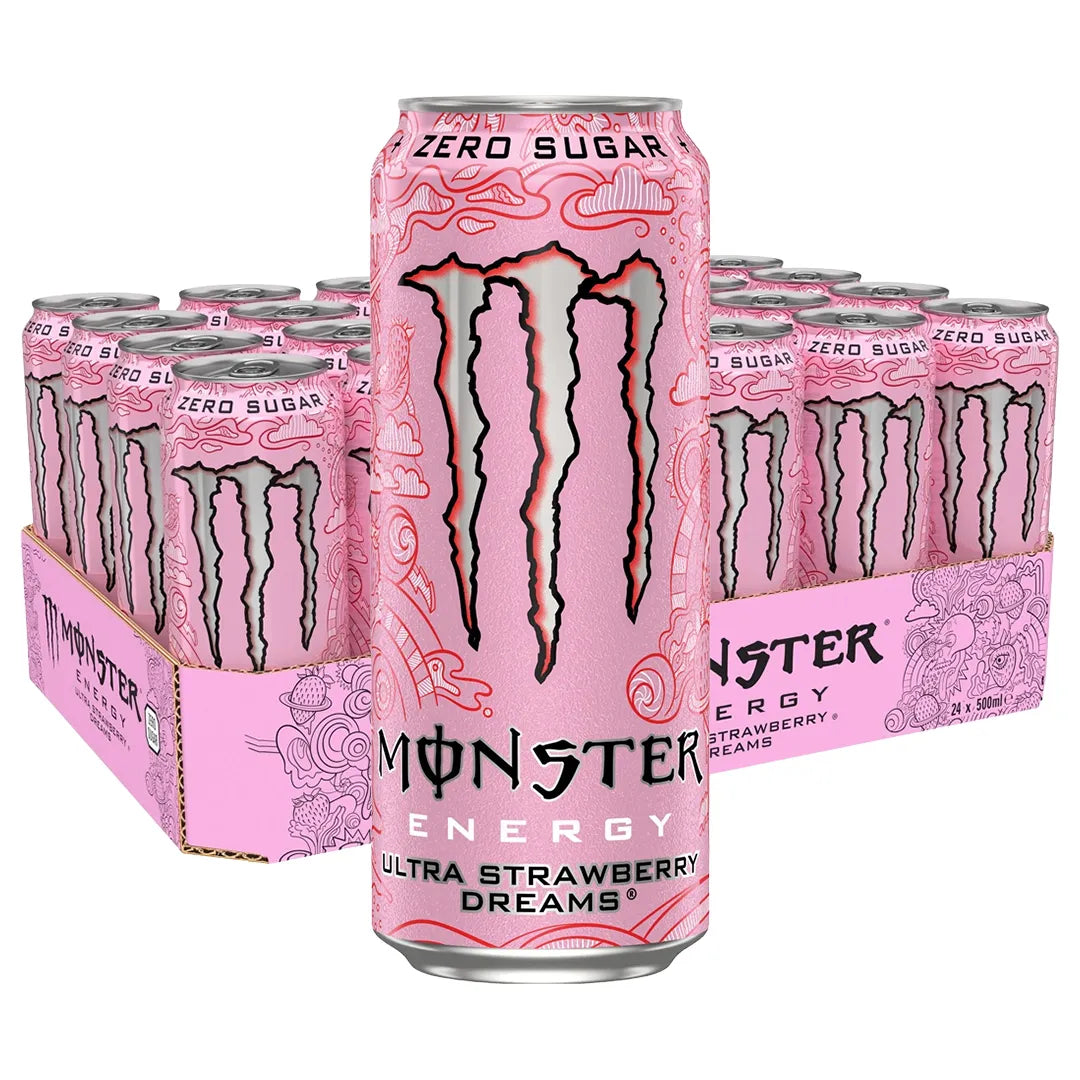 24 x Monster Energy 500 ml Ultra Strawberry Dreams (sokeriton) vaaleanpunaisessa pakkauksessa kuviollisilla tölkeillä.