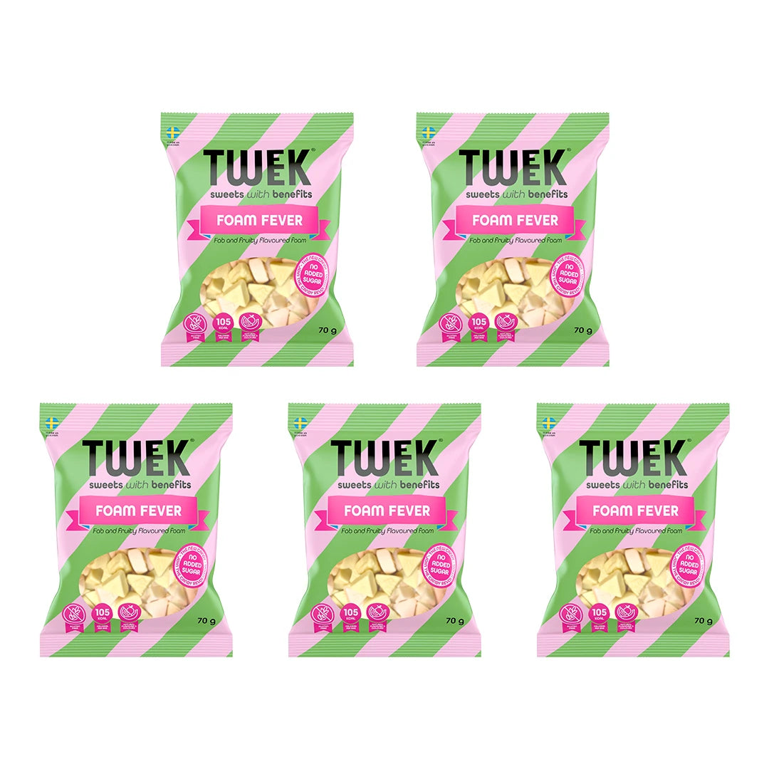 Viisi kappaletta 5 x Tweek Sweets 70 g Foam Fever -karkkipusseja vihreänä ja vaaleanpunaisena läpinäkyvällä ikkunalla.