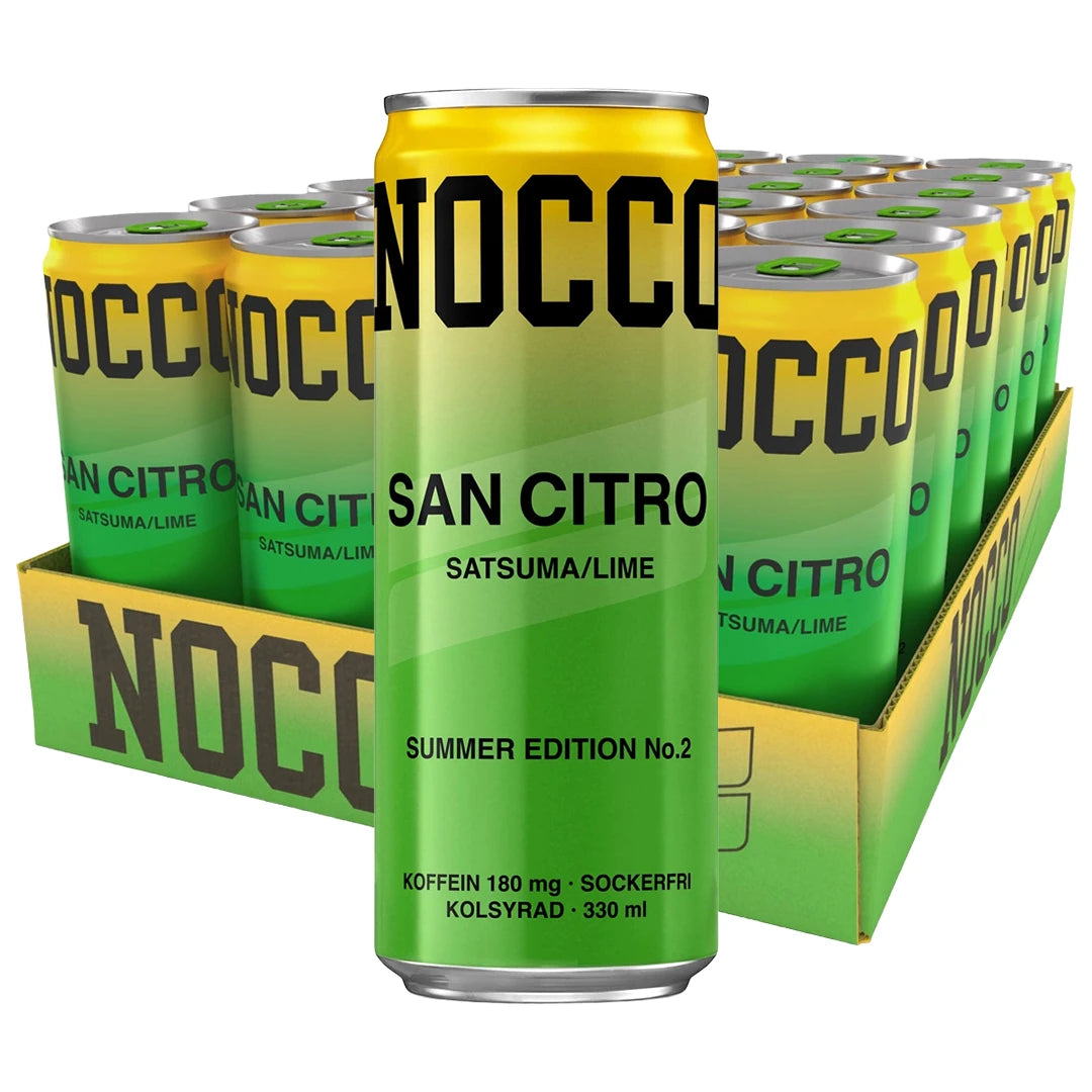 24 x NOCCO BCAA 330 ml San Citro vihreänkeltaisella lavalla energiajuomatölkkejä makuna Satsuma/Lime.