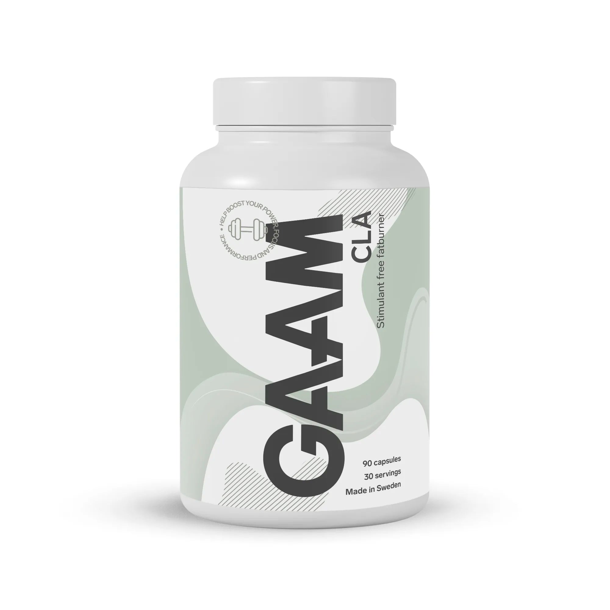 GAAM CLA 90 caps -rasvanpolttajakapselit valkoisessa muovipurkissa, jossa on vaaleanvihreitä yksityiskohtia.