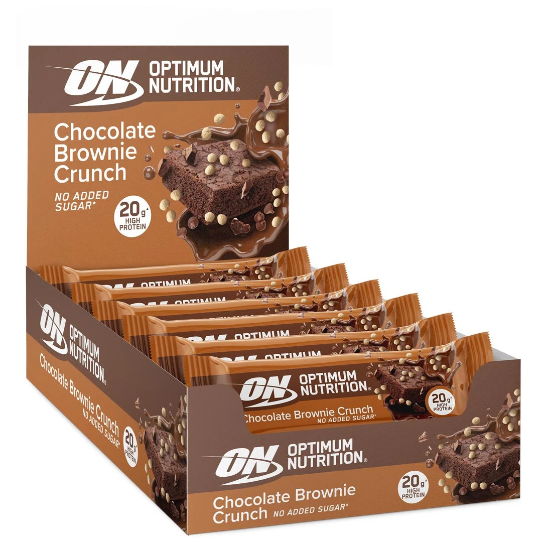 10 x Optimum Nutrition Protein Bar 65 g Chocolate Brownie Crunch ruskeassa laatikossa, jossa on proteiinipatukoita.