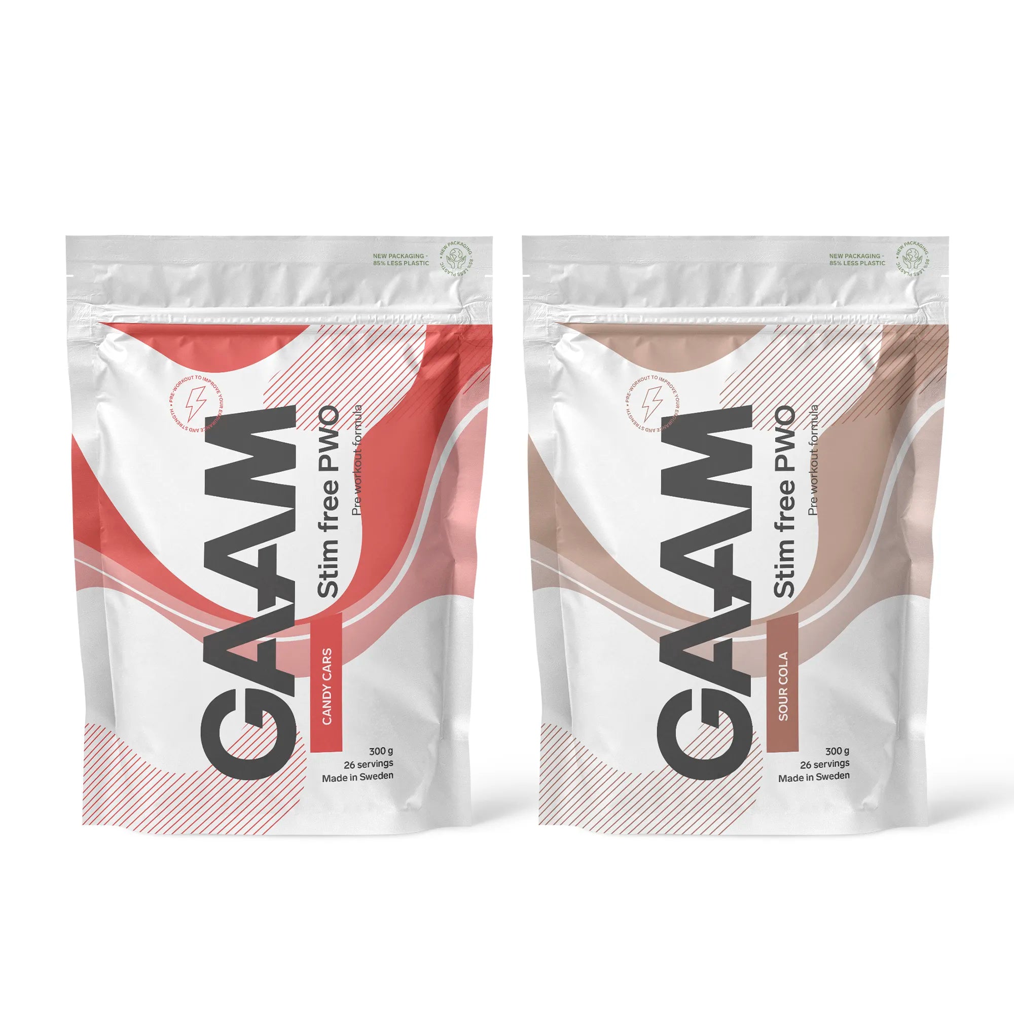 2 x GAAM Stim Free PWO 300 g kahdessa valkoisessa pussissa punaisin ja ruskein kuvioin, makuina Candy Cars ja Sour Cola.