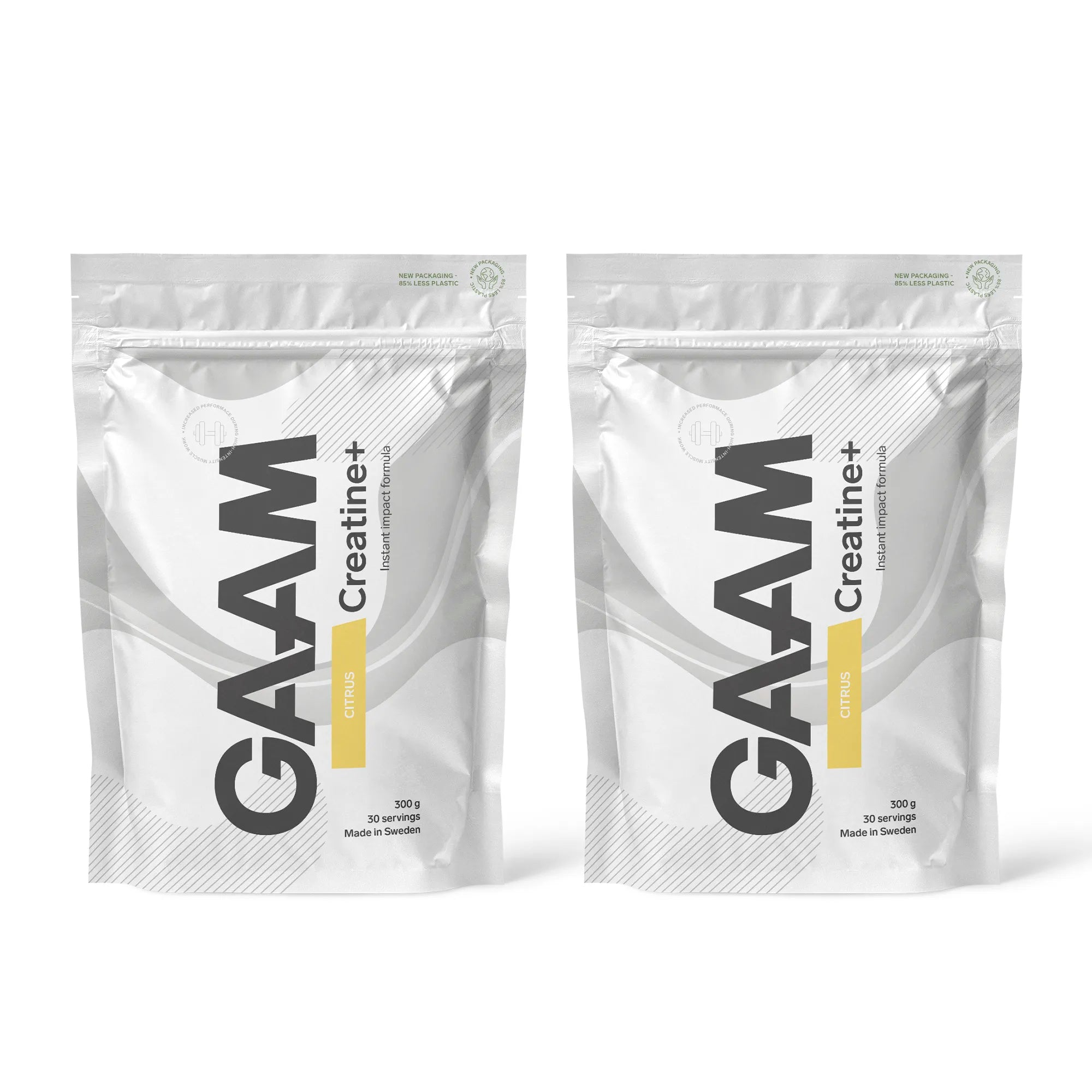 2 x GAAM Creatine+ 300 g valkoisissa pusseissa, joissa on tummanharmaa teksti ja keltaisia yksityiskohtia, makuna Citrus.