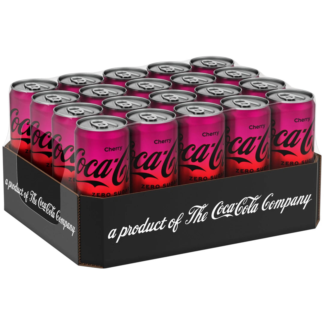 20 x Coca-Cola Zero Cherry 330 ml sockerfri läsk på ett flak med lila och svarta burkar.