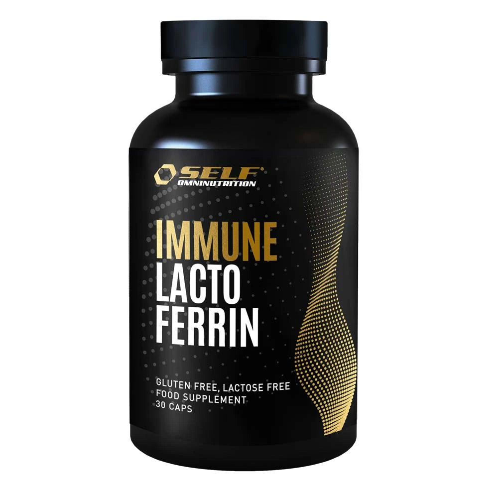 Self Omninutrition Immune Lactoferrin 30 caps -ravintolisä mustassa purkissa, jossa on valkoista ja kultaista tekstiä.