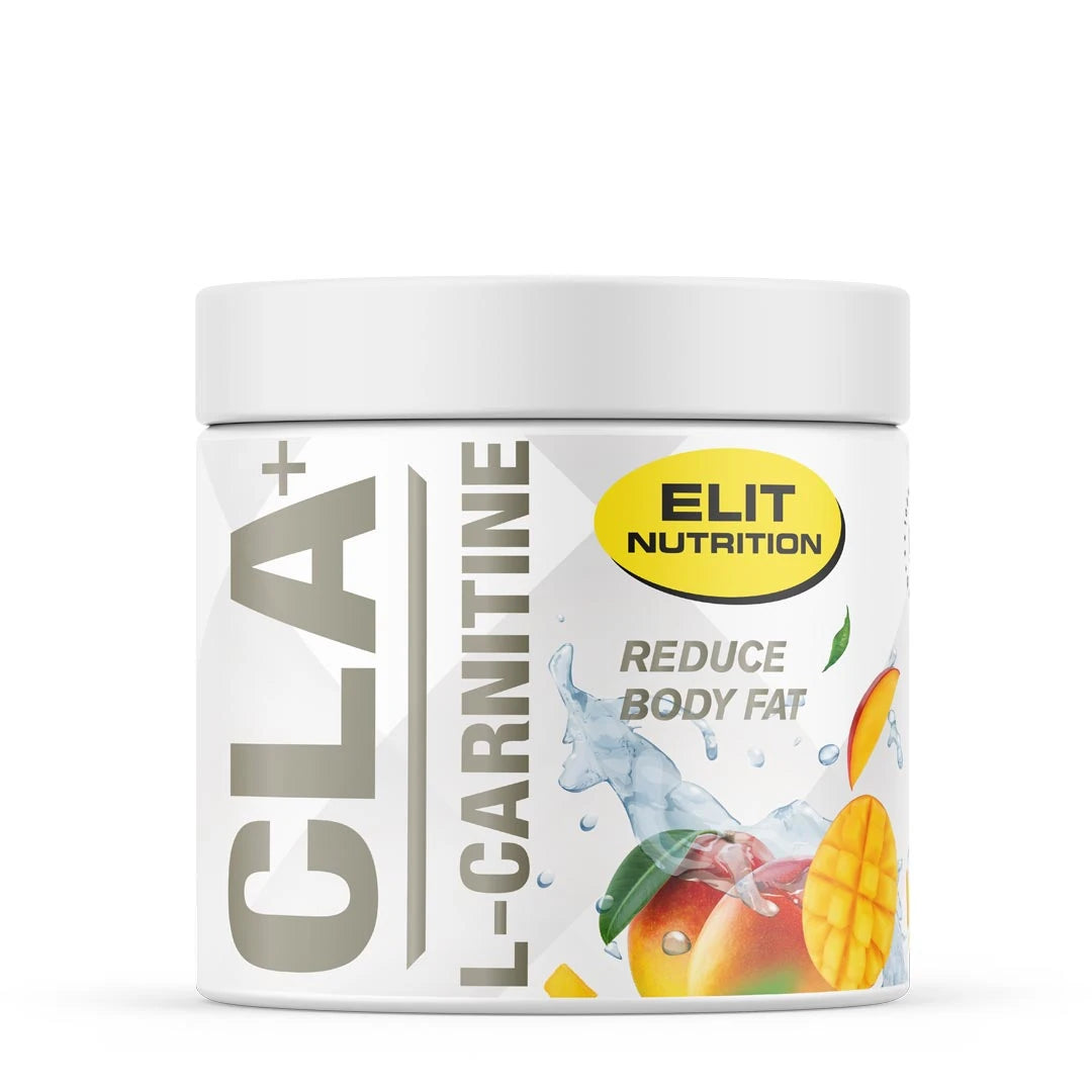 Elit Nutrition CLA + L-Carnitine 180 g -ravintolisäjauhe valkoisessa purkissa, jota koristavat mangonpalat.