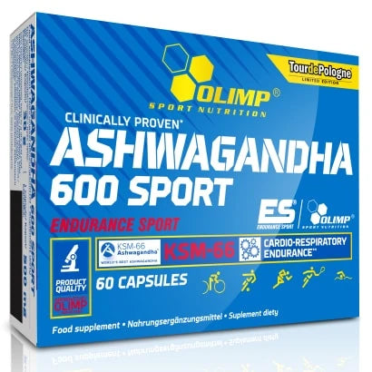 Olimp Ashwagandha 600 Sport Edition 60 caps tyylikkäässä sinisessä rasiassa, jossa on valkoista ja keltaista tekstiä.