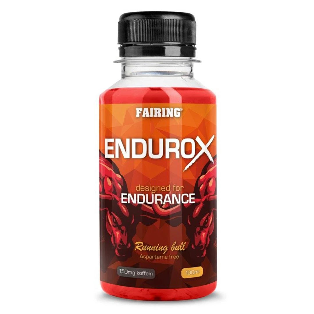 Fairing Endurox 60 ml juomavalmis PWO-shotti pienessä muovipullossa, jossa on punainen, oranssi ja musta etiketti.