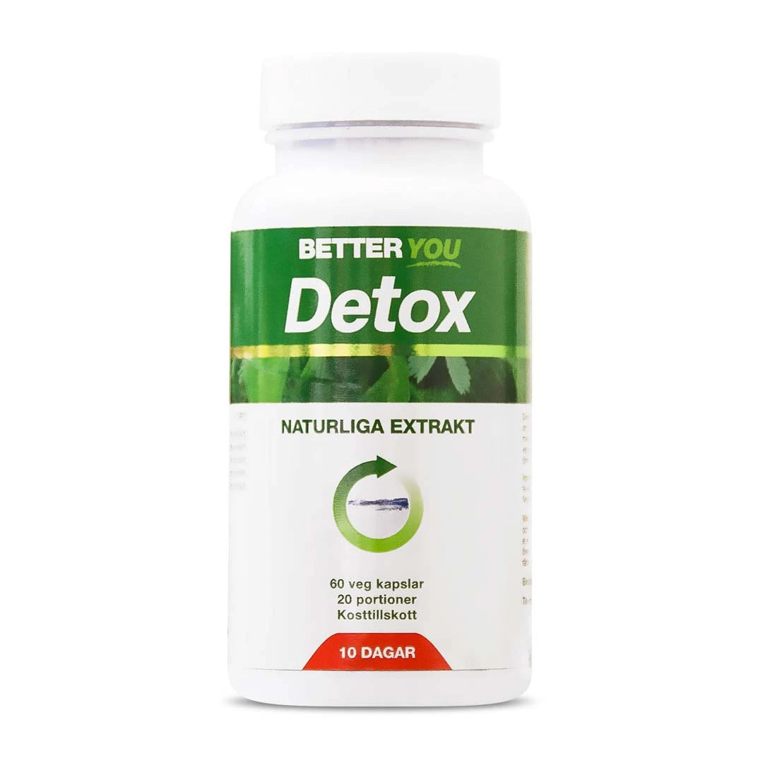 Better You Detox 60 caps valkoisessa purkissa vihreällä etiketillä 10 päivän puhdistuskuuriin.