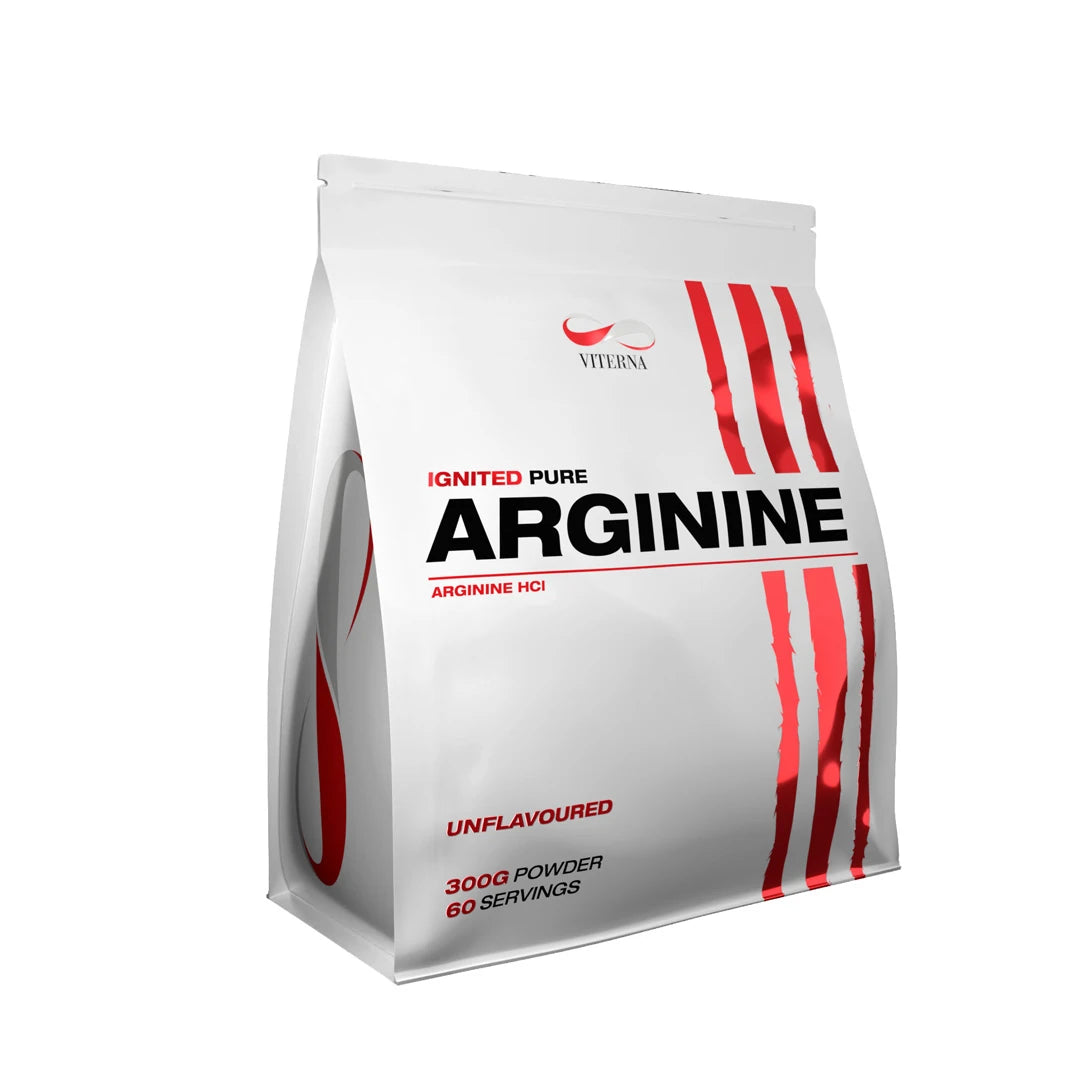 Viterna Arginine Powder 300 g valkoisessa pussissa, jossa on punaisia yksityiskohtia ja unflavoured-teksti.