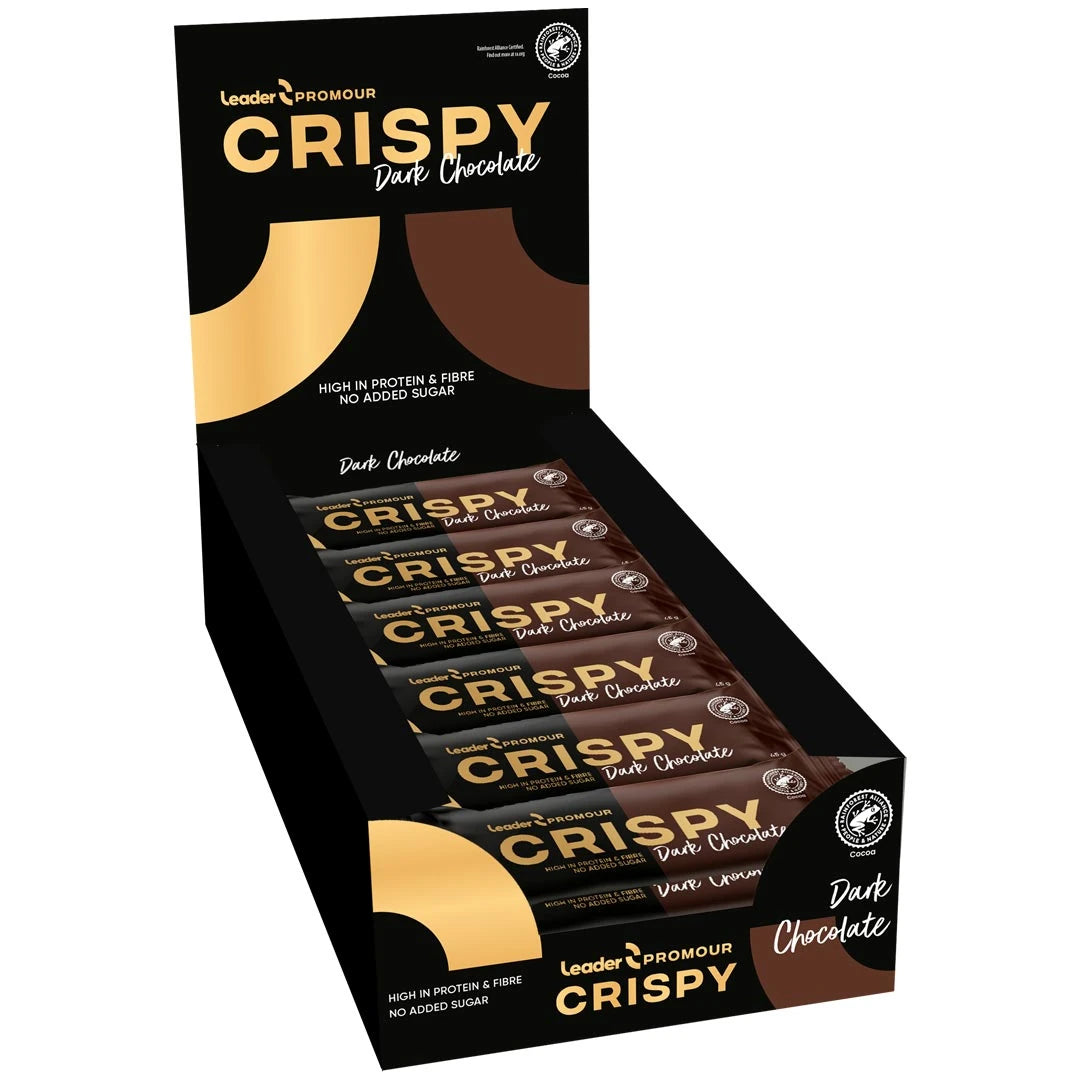 18 x Leader Promour Crispy MIX 45 g mustassa esittelylaatikossa kultaisilla yksityiskohdilla, makuna Dark Chocolate., kuva 1/1