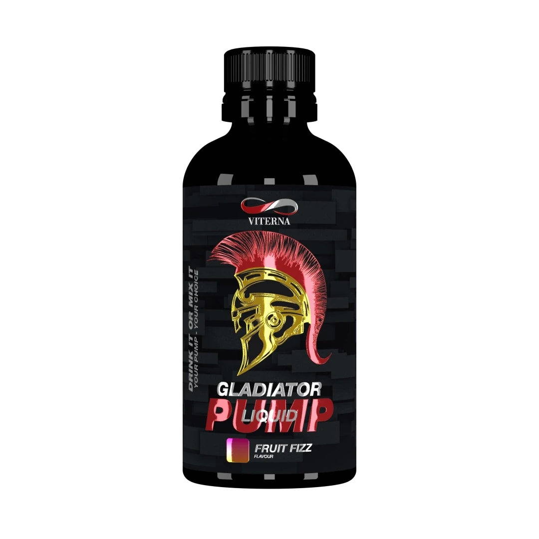 Viterna Gladiator Pump Liquid 500 ml mustassa pullossa, jossa on kultainen gladiaattorikypärä, makuna Fruit Fizz.