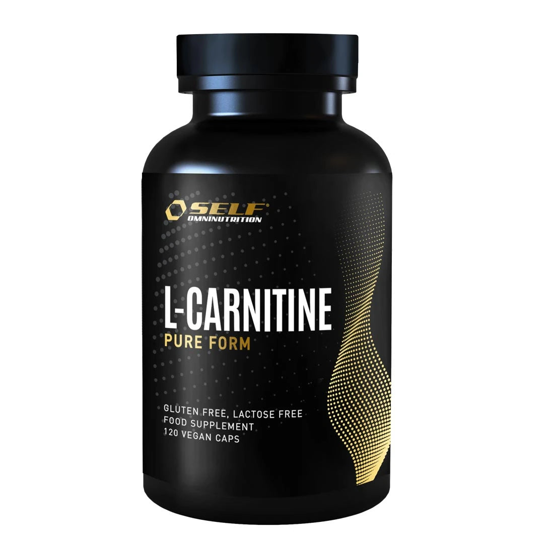 Self Omninutrition L-carnitine 120 caps -rasvanpolttaja, pakattuna mustaan purkkiin kultaisilla yksityiskohdilla.