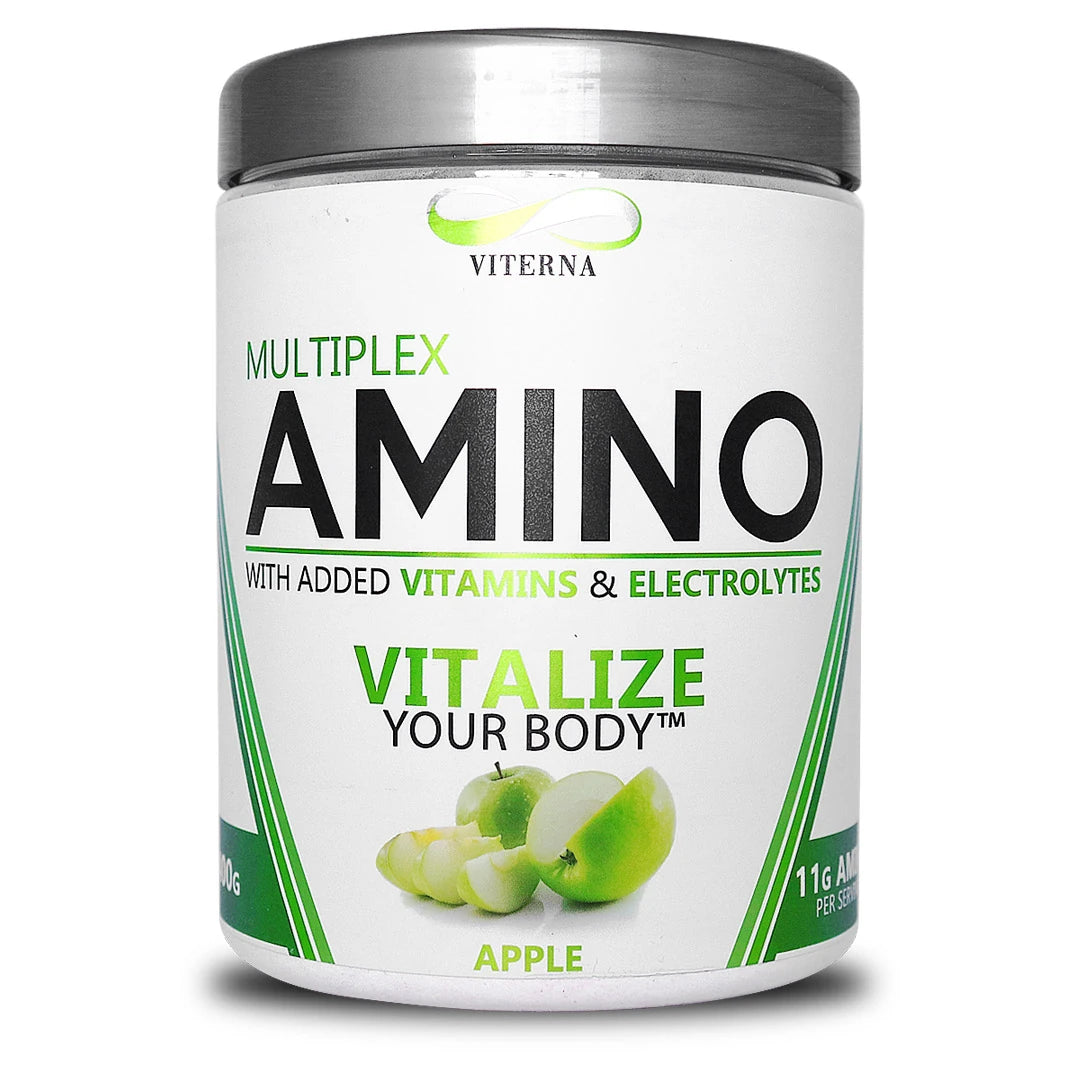 Viterna Multiplex Amino 400 g -aminohapot valkoisessa purkissa hopeakannella ja vihreillä yksityiskohdilla, makuna Apple.