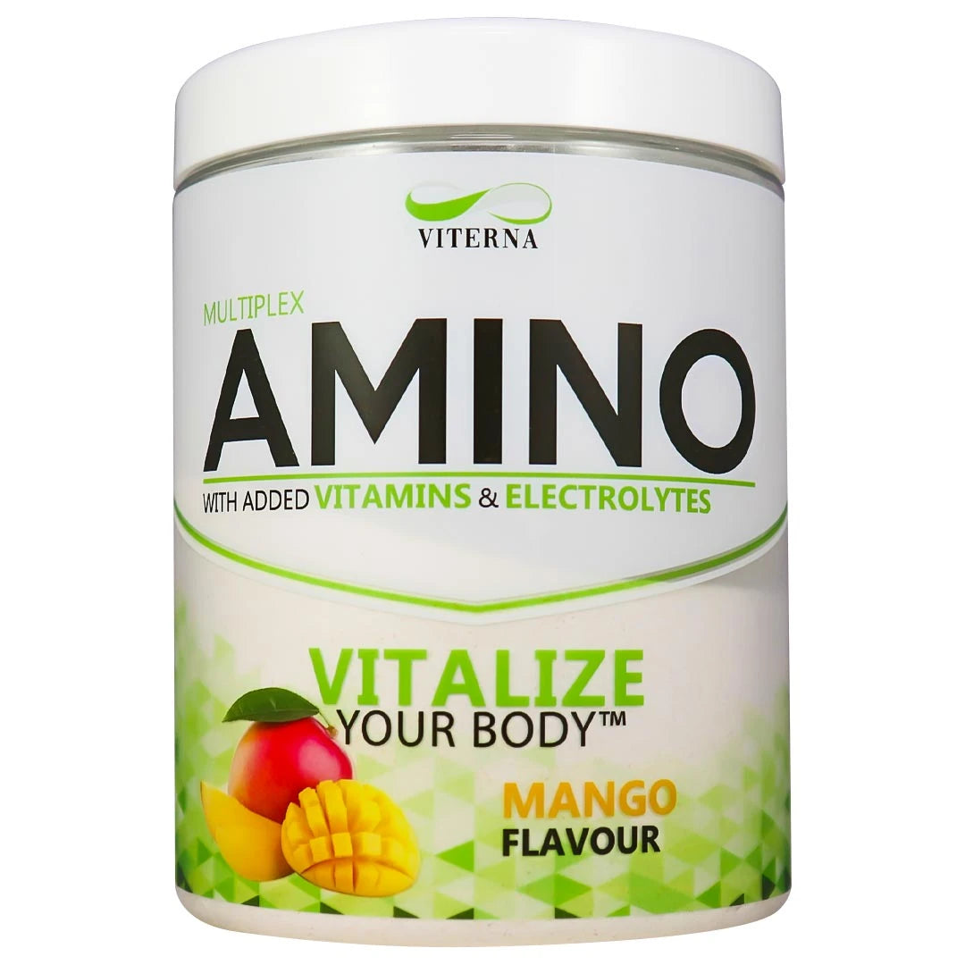 Viterna Multiplex Amino 400 g aminohappoja valkoisessa purkissa vihreillä yksityiskohdilla, makuna Mango.