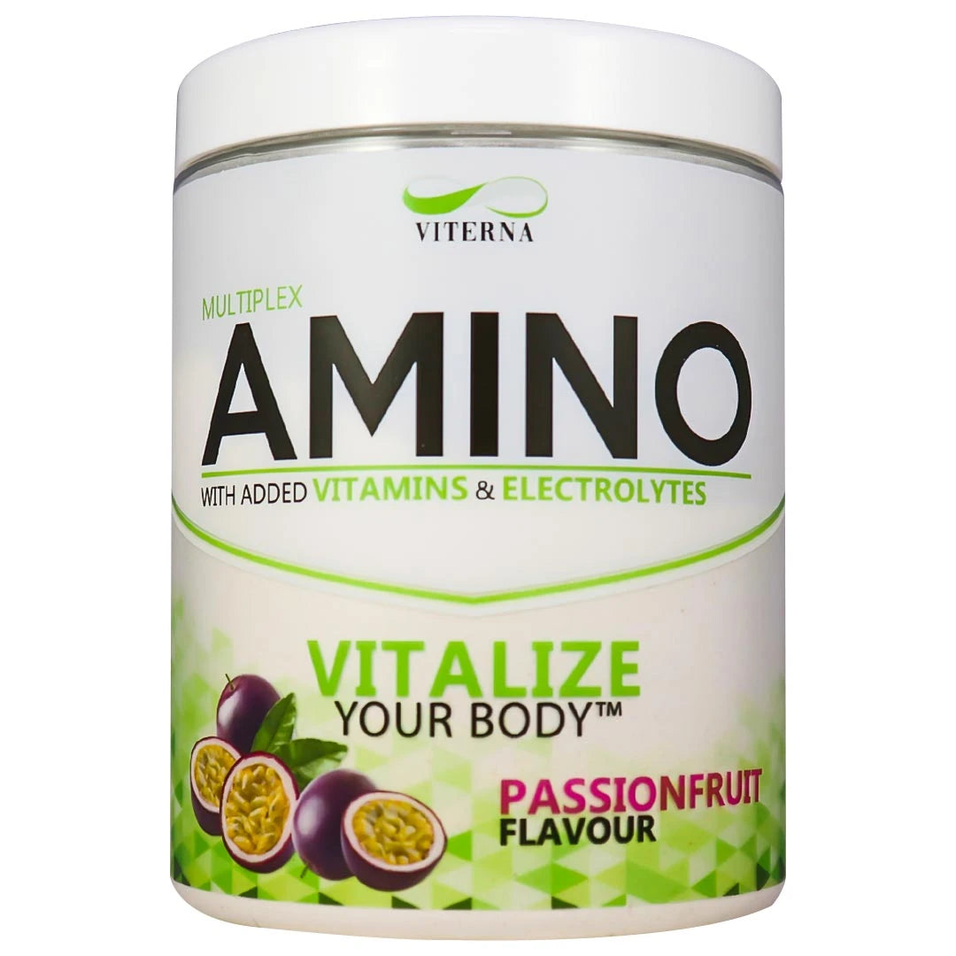 Viterna Multiplex Amino 400 g -aminohapot valkoisessa purkissa vihreillä yksityiskohdilla, makuna passionhedelmä., kuva 3/9