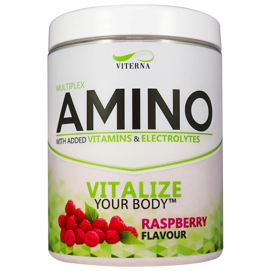 Viterna Multiplex Amino 400 g -aminohapot valkoisessa purkissa vihreillä yksityiskohdilla ja vadelmilla, makuna Raspberry., kuva 4/9