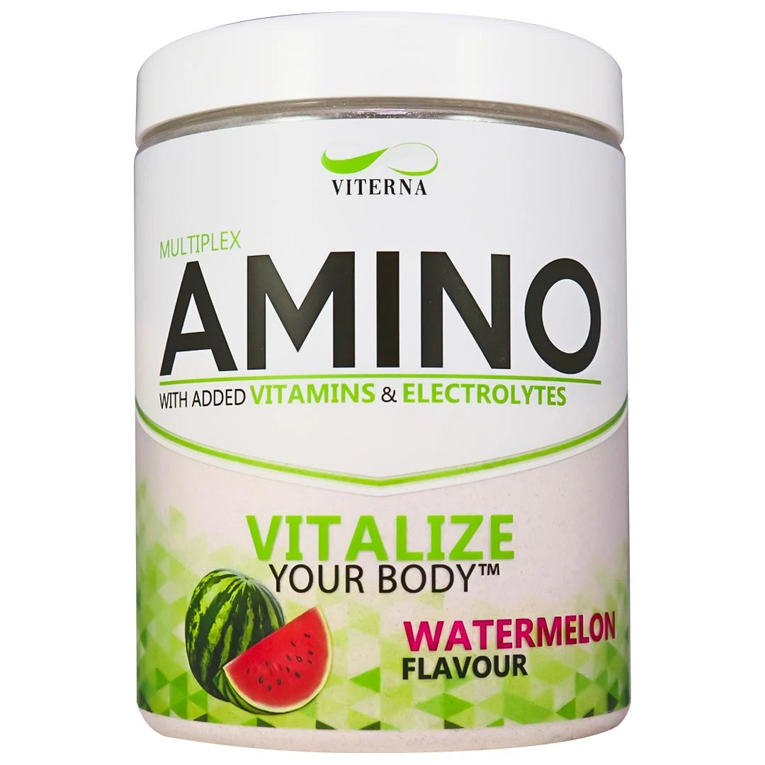 Viterna Multiplex Amino 400 g -aminohapot valkoisessa purkissa vihreillä yksityiskohdilla, makuna Watermelon., kuva 5/9