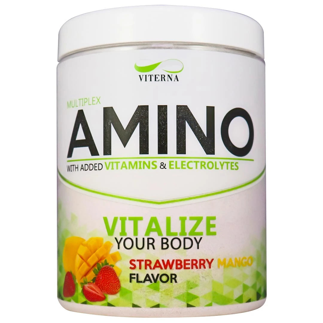 Viterna Multiplex Amino 400 g -aminohapot valkoisessa purkissa vihreillä yksityiskohdilla, makuna Strawberry Mango., kuva 6/9