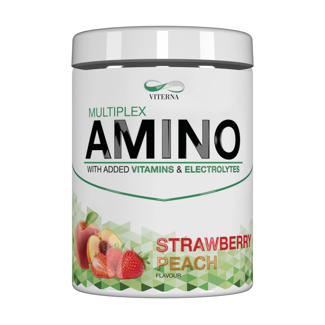 Viterna Multiplex Amino 400 g -aminohappoja valkoisessa purkissa vihreillä yksityiskohdilla, makuna Strawberry Peach., kuva 8/9