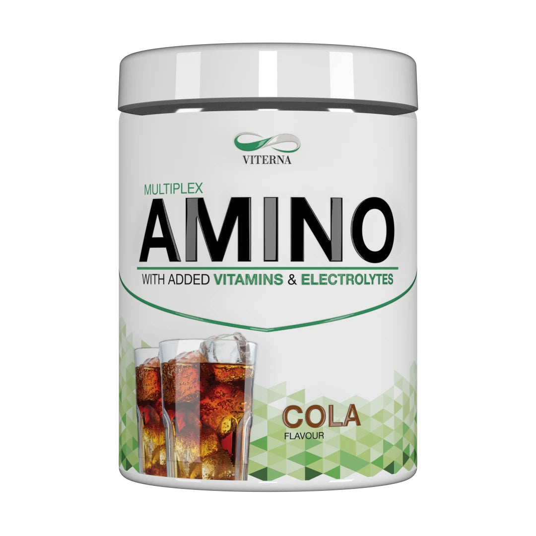 Viterna Multiplex Amino 400 g -aminohappojauhe valkoisessa purkissa vihreillä yksityiskohdilla, makuna Cola.