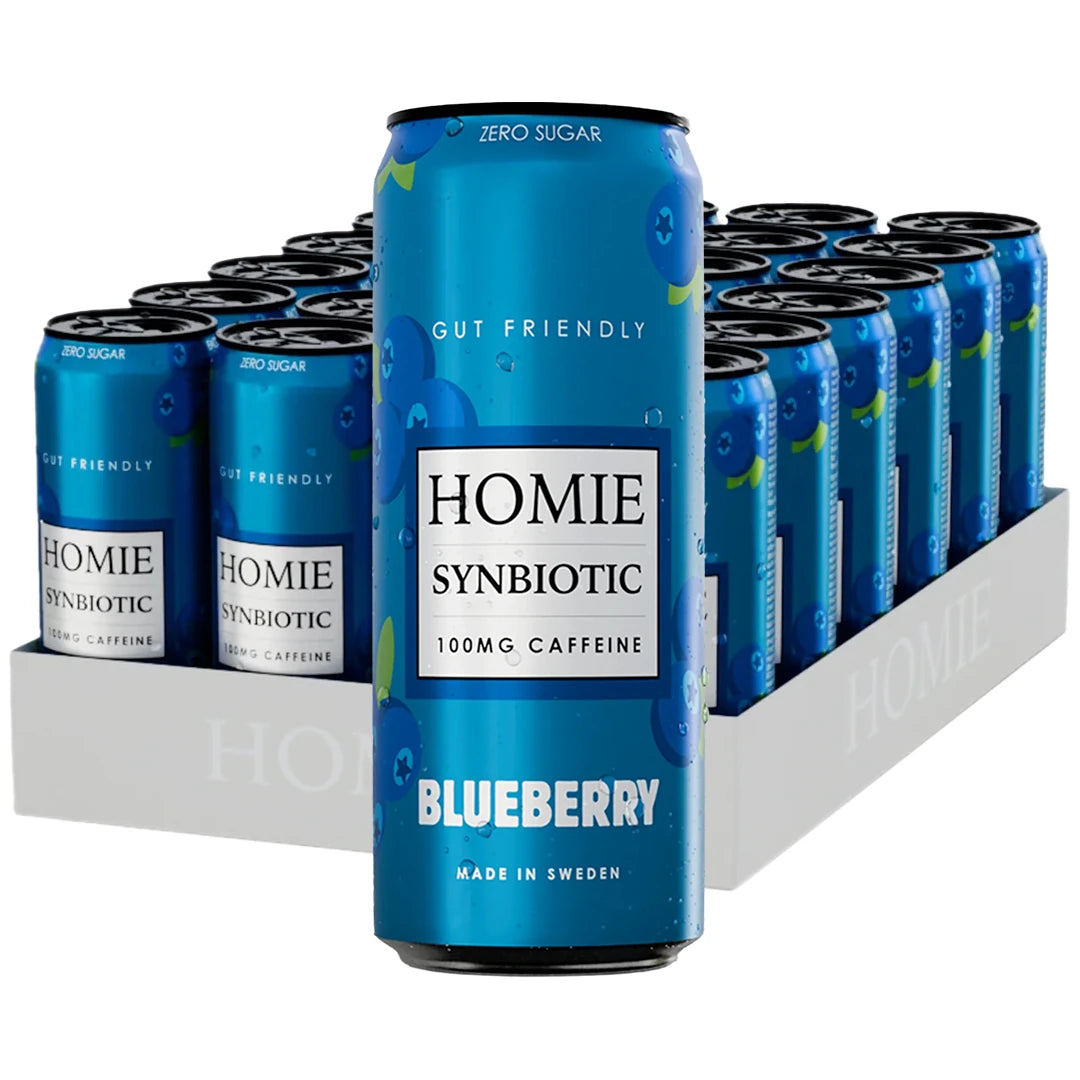 24 x Homie Wake Up Synbiotic 330 ml Blueberry -energiajuoma valkoisessa laatikossa sinisillä tölkeillä.