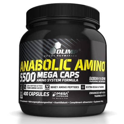 Olimp Anabolic Amino 5500 Mega caps 400 caps -aminohappolisä mustassa purkissa, jossa on keltaisia ja valkoisia yksityiskohtia.