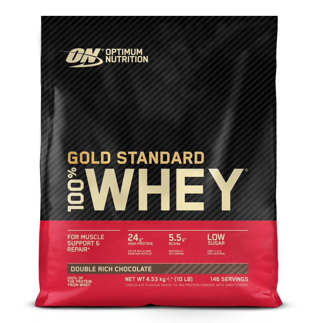 Optimum Nutrition 100% Whey Gold Standard 4.5 kg -proteiinijauhe mustapunaisessa pussissa, makuna Double Rich Chocolate.