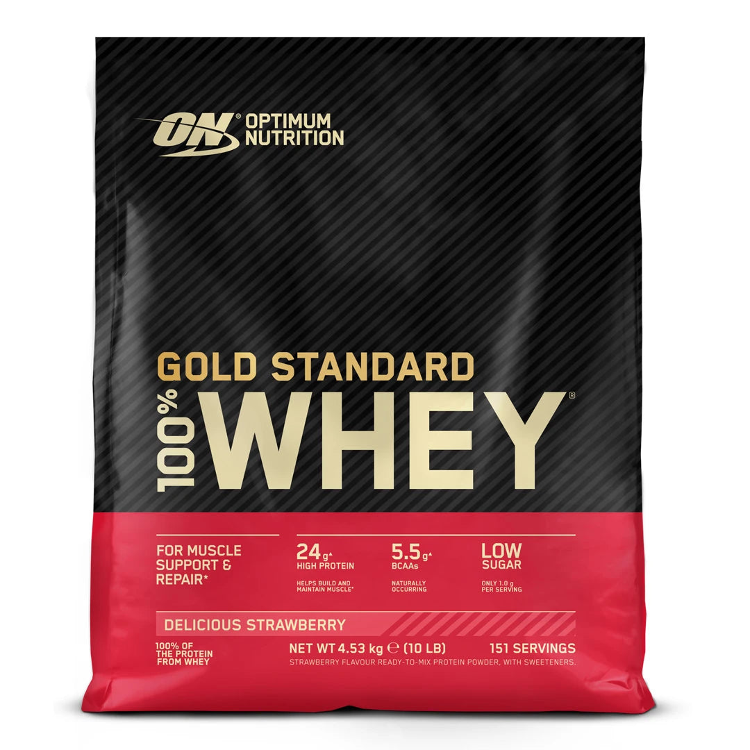 Optimum Nutrition 100% Whey Gold Standard 4.5 kg -proteiinijauhe musta-punaisessa pussissa, makuna Delicious Strawberry.