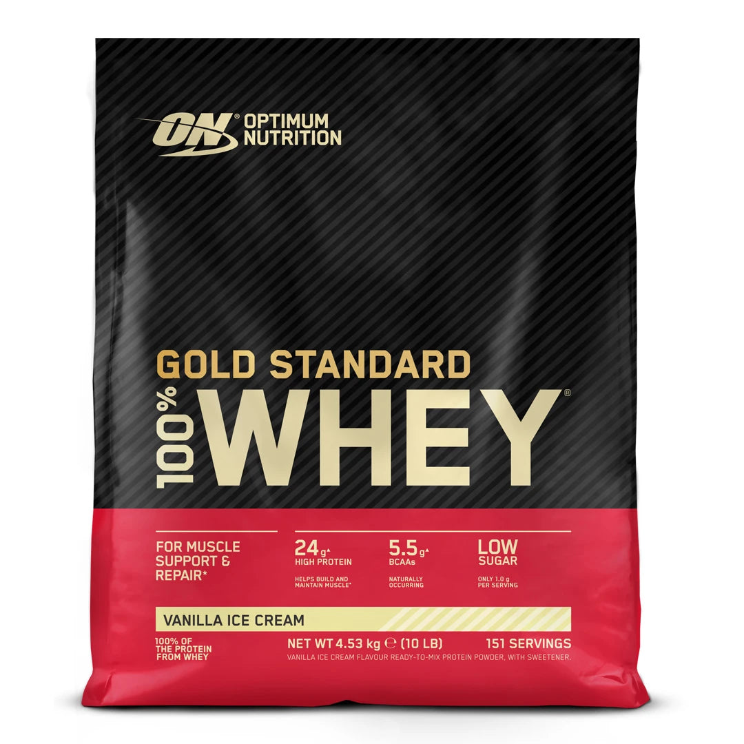 Optimum Nutrition 100% Whey Gold Standard 4.5 kg -proteiinijauhe mustassa ja punaisessa pussissa, makuna Vanilla Ice Cream., kuva 3/3