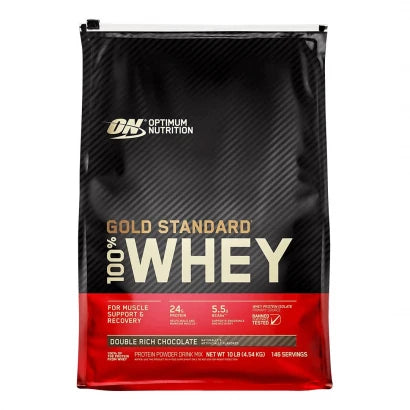 Optimum Nutrition 100% Whey Gold Standard 4.5 kg -proteiinijauhe musta-punaisessa pussissa, makuna Double Rich Chocolate.