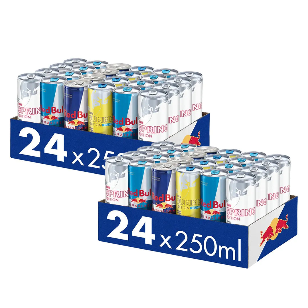48 x Red Bull Energidryck 250 ml Mixflak pakattuna kahteen siniseen laatikkoon, joissa on värikkäitä tölkkejä.
