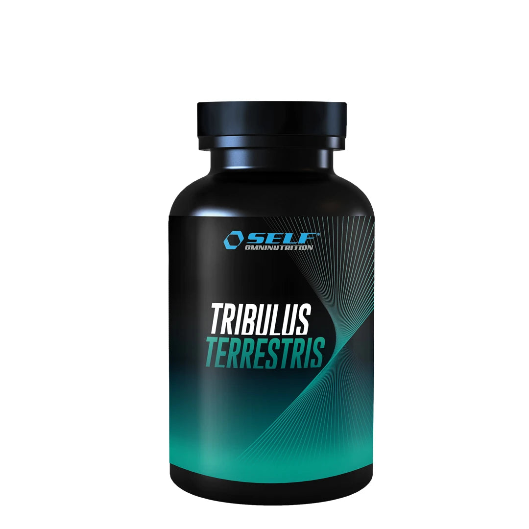 Self Omninutrition Tribulus Terrestris 100 tabs -ravintolisä mustassa purkissa, jossa on turkooseja graafisia yksityiskohtia.