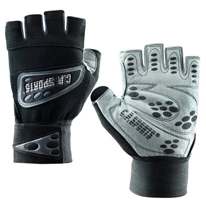 Mustat ja harmaat C.P. Sports Wrist Wrap Glove Black -treenihanskat rannetuella raskaaseen voimaharjoitteluun.