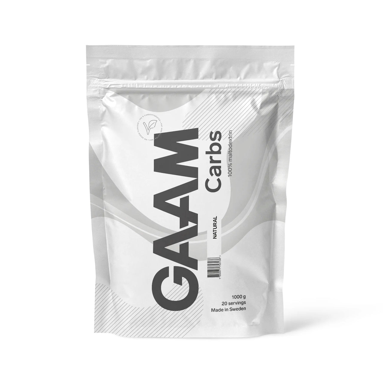 GAAM Carbs - 100% Maltodextrin 1 kg -energialisä tyylikkäässä valkoisessa pussissa.