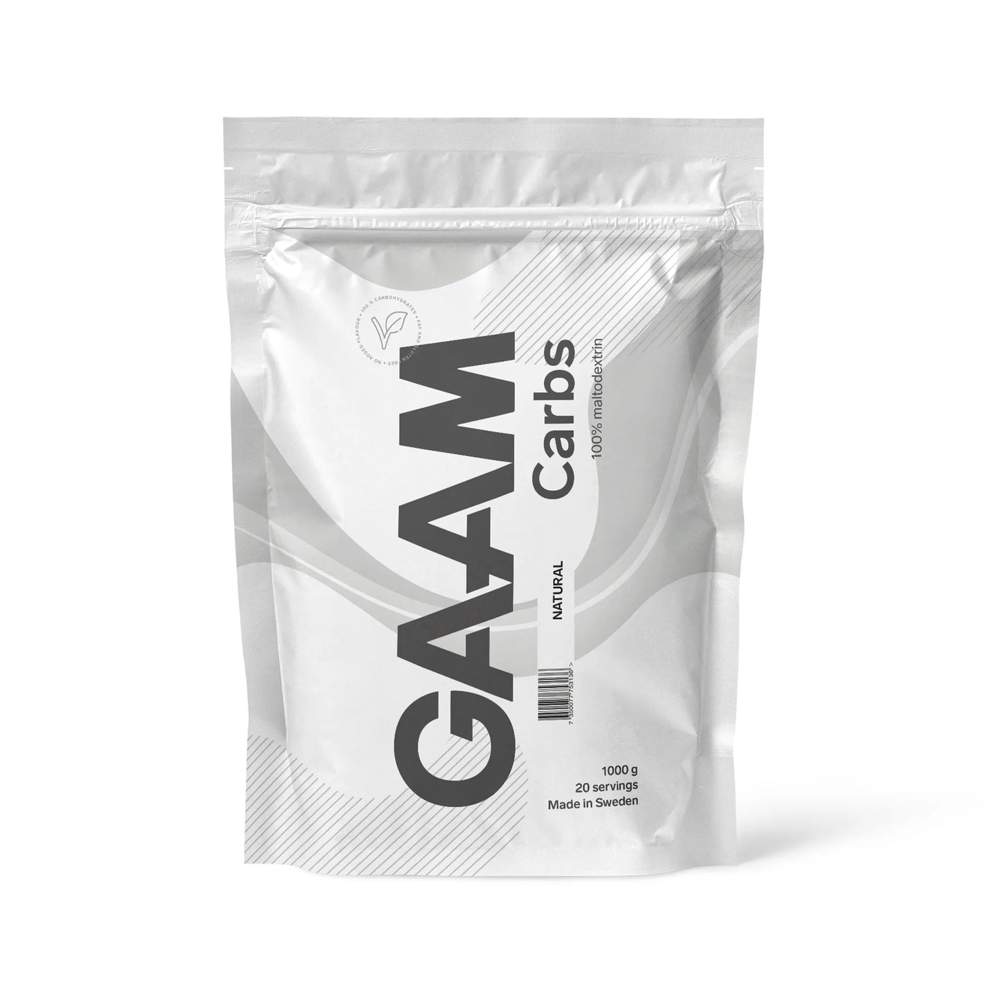 GAAM Carbs - 100% Maltodextrin 1 kg -energialisä tyylikkäässä valkoisessa pussissa.